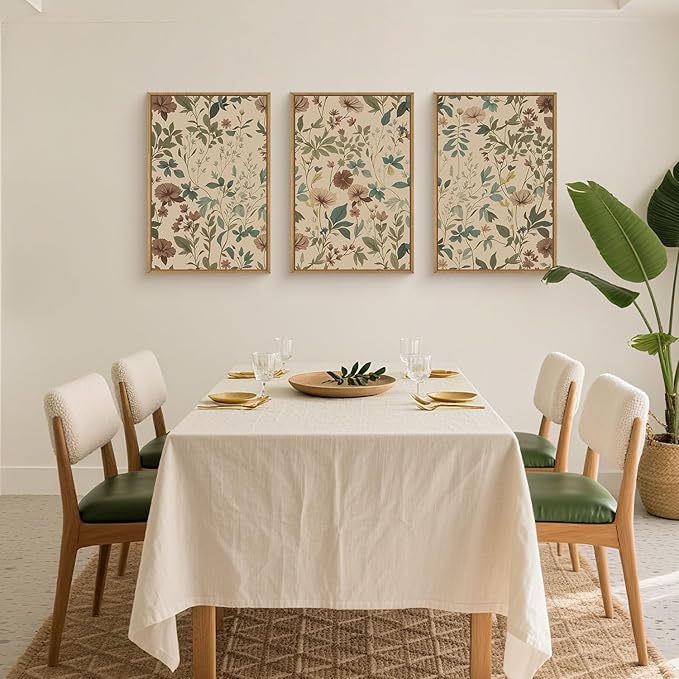 Aryroi Large Abstract Vintage Floral Framed Canvas Wall Art Set,Boho Retro Neutral Wildflower Wall Decor,Mid Century Antique Flower Botanical Artwork for Living Room,Bedroom,Farmhouse- 24"x36"x3