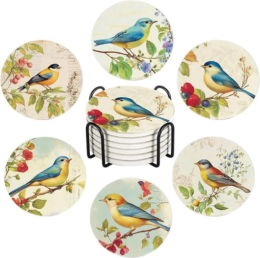 6Pcs Drink Coasters with Holder, Vintage Spring Birds Floral Absorbent Ceramic Drink Coaster with Cork Base, Home Bar Table & Office Decor House Warming Gift