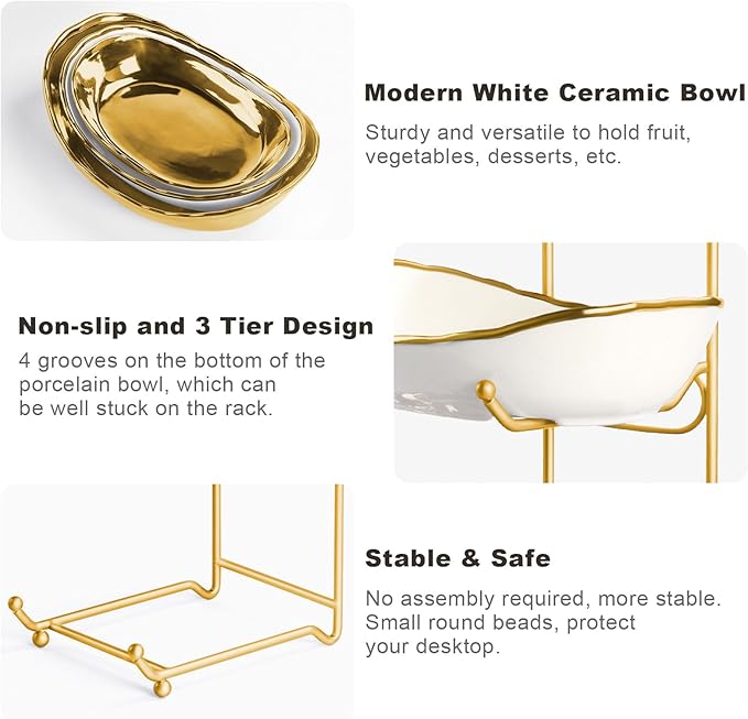 3 Tier Fruit Bowl for Kitchen Counter, White Gold Ceramic Fruit Stand for Countertop, Home Fruit Rack with Holder, Vegetable Bowl Snacks Nuts Bread Candy Storage, Small & Cute (Gold)