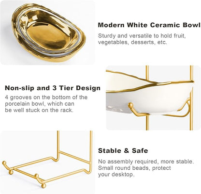 3 Tier Fruit Bowl for Kitchen Counter, White Gold Ceramic Fruit Stand for Countertop, Home Fruit Rack with Holder, Vegetable Bowl Snacks Nuts Bread Candy Storage, Small & Cute (Gold)