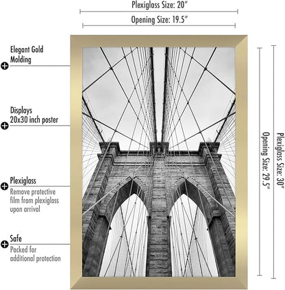 Americanflat 20x30 Poster Frame with Polished Plexiglass - Gold Picture Frame - Wide Photo Frames Made of Engineered Wood for Vertical or Horizontal Wall Display - Epic Collection - Gold