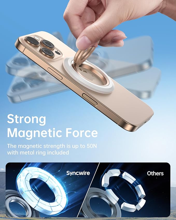 SYNCWIRE for MagSafe Ring Phone Holder, 360° Rotation Magnetic Cell Phone Grip Dual-Sided Magnets Phone Ring Kickstand Compatible with iPhone 17 16 15 14 13 12 Pro Max MagSafe, Android, Samsung etc.