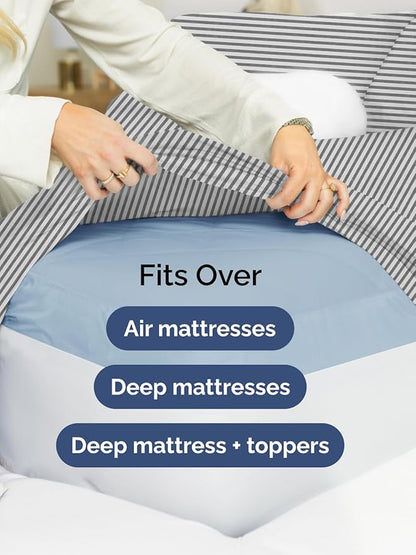 Extra Deep Split King Sheet Set - 7 Piece Breathable & Cooling Sheets - Hotel Luxury Bed Sheets Set - Easy Fit - Soft, Wrinkle Free & Comfy Sheets Set - Grey Striped Sheet Set w/Extra Deep Pockets