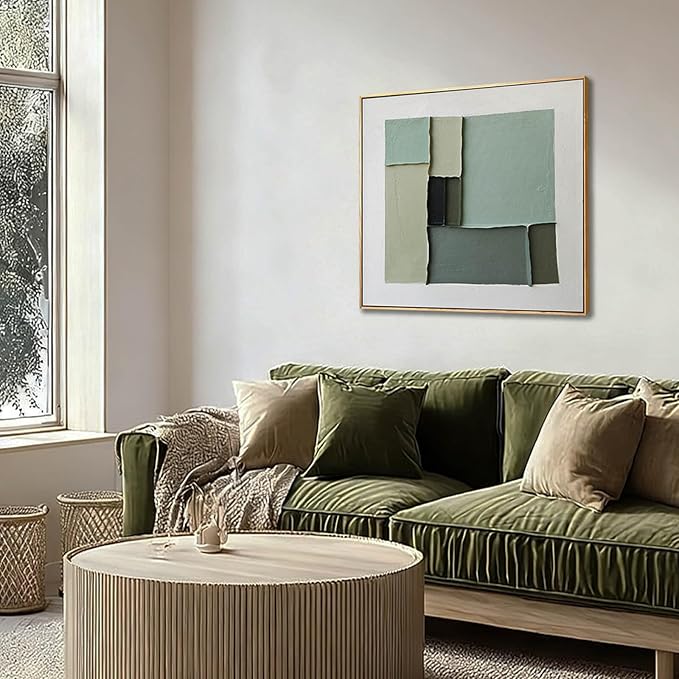 LEVERUP Square Geometric Painting Pictures Green Abstract Wall Artwork Modern Wall Decorations for Living Room Bedroom 24×24 Inch Office Canvas Photos