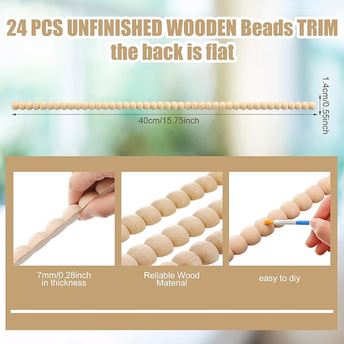 Nuanchu 24 Pcs Decorative Beaded Wood Trim Half Wooden Beads Trim Molding 15. 75 Inch Unfinished 3D Decorative Bead Pearl Wood Molding Cute DIY for Home Wall Cabinet Shelf Window Door (14 mm)