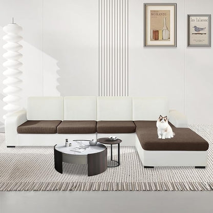 MAXIJIN Waterproof 4 Pieces Couch Cushion Covers for Sectional Sofa Seat Slipcover Stretch Sectional Couch Cover for L Shape Left/Right Chaise with Elastic Bottom (3 Seater + 1 Chaise, Light Coffee)