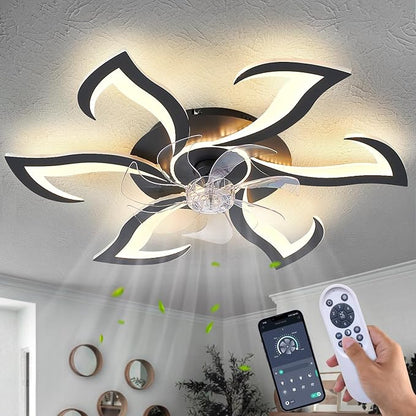 HuixuTe 32" Black Geometric Modern 6-head Ceiling Fan with Lights Remote Control, Low Profile Ceiling Fan with Light for Kitchen Bedroom Living Room