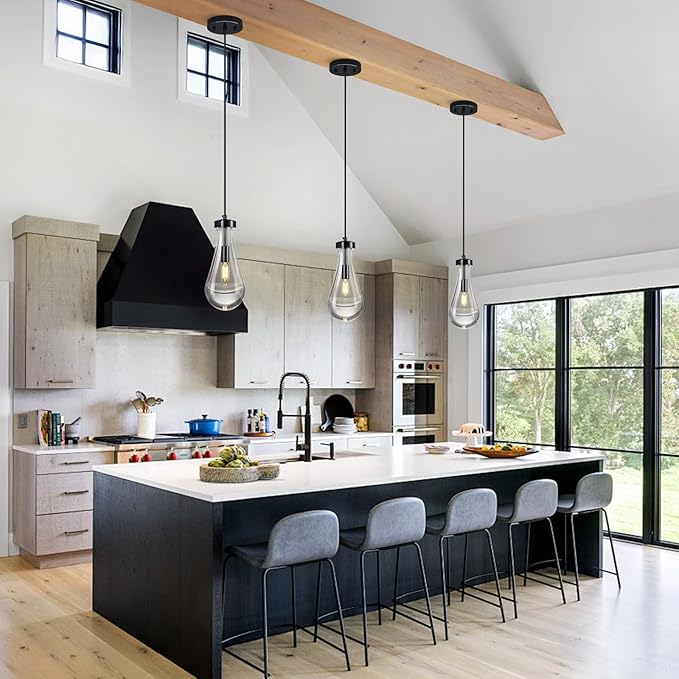 Raindrop Pendant Lights Kitchen Island Teardrop PlatingBlack Hanging Light Fixtures Clear Solid Glass Pendant Light Modern Chandeliers for Dining Room Porch Corridor Living Room(Black 2-Pack)