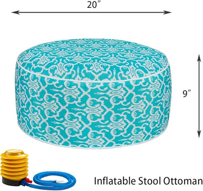 Inflatable Outdoor Ottoman with Air Pump,20"x9" Portable Patio Pouf,Water Resistant,Fade-Resistant,Round Blow Up Footrest Stools for Home Garden Camping Travel(Romantic Blue)