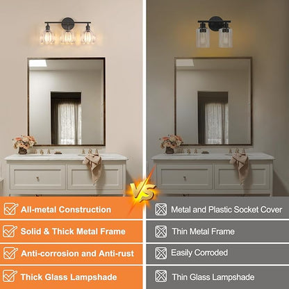 Bathroom Light Fixtures, 3-Light Black Vanity Wall Light Over Mirror with Clear Tulip Glass Shade for Bedroom Living Room (Bulb Not Included)
