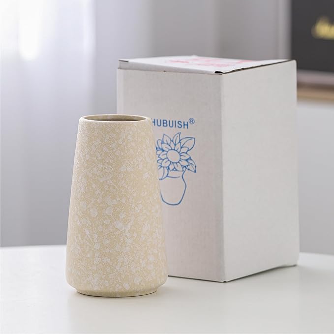 Beige Vase - 6" White Textured Vase, Pampas vase, Boho Rustic Vases for Home Decor, Farmhouse Decor, Minimalist Cream Modern Flower vases for Centerpieces, Living Room, Bedroom