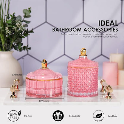 Glass Candy Dish Decorative Bowl, Apothecary Jars with Lids Bathroom Glass Jars for Cotton Ball or Cotton Swab Jewelry Storage Boxes with Lids, Crystal Pink Gifts for Women