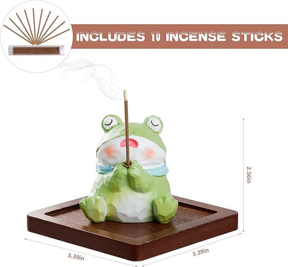 Lionpower Incense Holder for Sticks with Burner & Ash Catcher - Resin Frog, Wooden Tray, 10 Incense Sticks for Meditation Yoga Spa, Cute Home Decor Room Accessories (Frog)