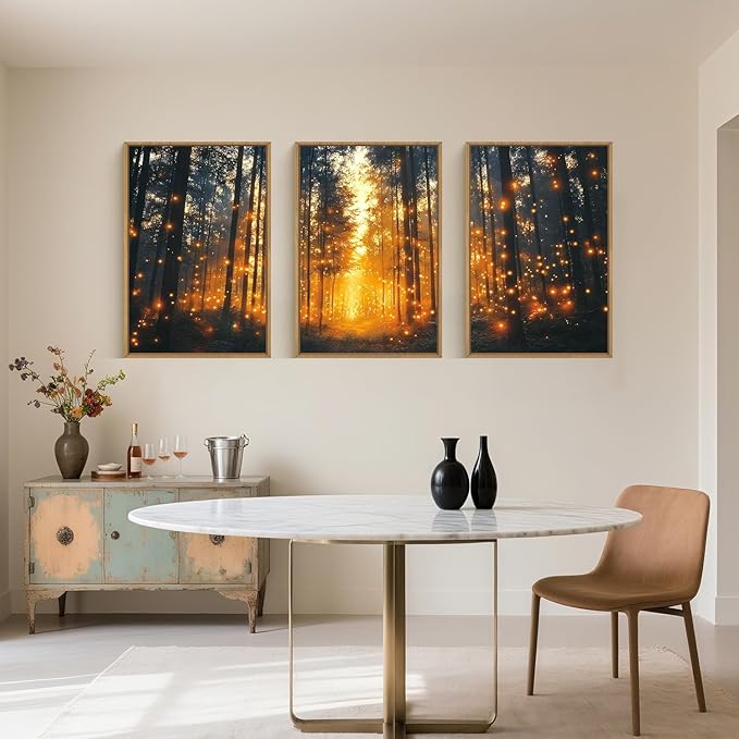Magical Firefly Forest Framed Canvas Wall Art Set,Enchanted Night Nature Mystical Woodland Wall Decor,Whimsical Orange Twinkling Black Tree Art Print for Living Room, Bedroom, Office- 24"x36"x3