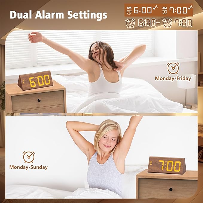 Wooden Digital Alarm Clock with Dual USB Charging Ports, DST, Dimmable, Snooze, Modern Large Time Display LED Clock for Kids Bedrooms, Living Room, Desk, Table, Bedside, Nightstand (Brown)