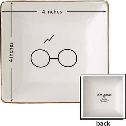 Simply Charmed Porcelain Jewelry Ring Holder Tray – Harry Potter Gift, Porcelain Trinket Dish, 4"x4" White with Golden Glaze, Jewelry Organizer