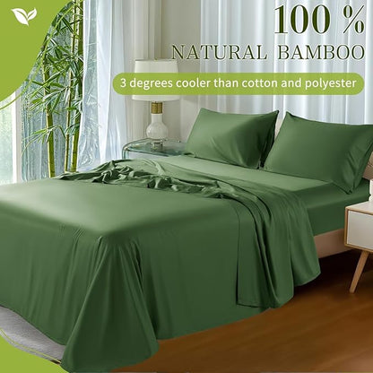 Shilucheng 100% Viscose Derived from Bamboo_ Sheets Cal King Size 4pcs - Ultra Cooling & Silky Soft Bed Sheets, 16" Deep Pocket, Perfect for Hot Sleepers, Hotel Bedding Sheets (Olive)