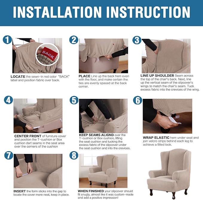 H.VERSAILTEX Wing Chair Slipcover Chair Covers for Wingback Chairs Wingback Chair Covers Slipcovers 1 Piece Stretch Sofa Cover Furniture Protector Soft Spandex Jacquard Checked Pattern, Sand