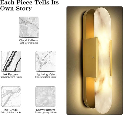 Set of 2, 19.7" Brass Alabaster Wall Sconces, Hardwired Indoor Lights, Natural Alabaster Stone Shade, Modern Oval Vanity Lighting for Bedroom, Bathroom, Hallway, Stairs