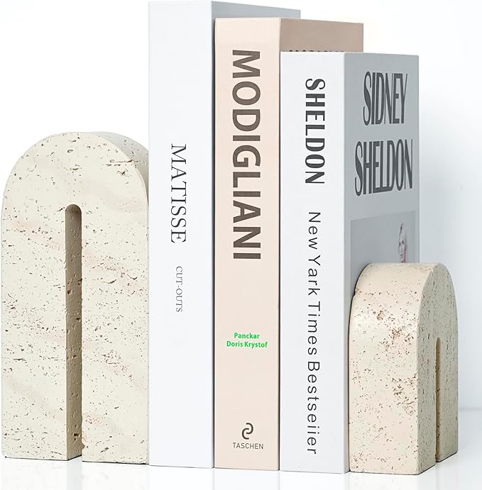 Book Ends for Shelves, Resin Heavy Duty Decorative Bookends, Retro Arch Book Holder for Heavy Books, Imitation Travertine Book Stopper for Home Decor, Study, Bookshelf, Desktop, Set of Two