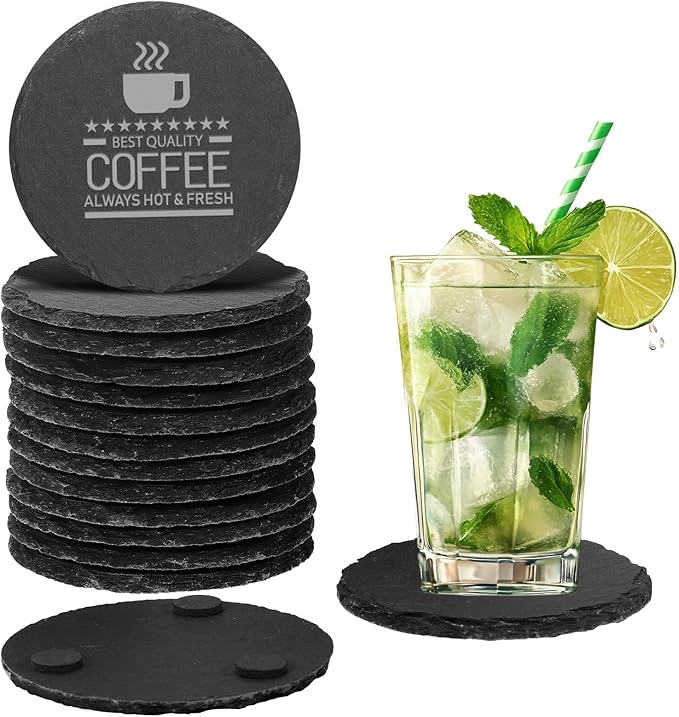 12 PCS Black Natural Slate Coasters Bulk Set 4 Inch Laser Engraving Blanks with Anti Scratch Bottoms for Home, Office, Bar, Gifts Round
