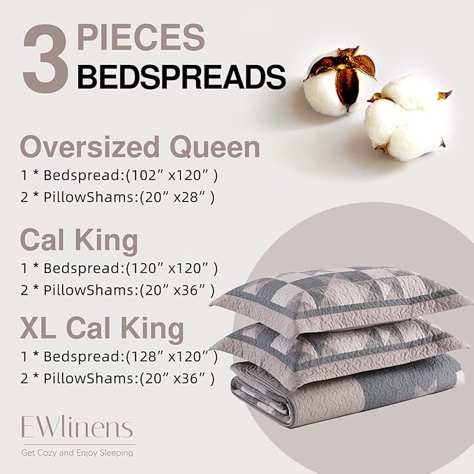 EWlinens 100% Cotton 120"x102" Oversized Queen Bedspread - Rustic Cabin Star Patchwork Plaid Extra Large Quilts Bedding Set, Farmhouse Oversized Queen Quilt Bed Spread, 3pcs, Brown/Charcoal Gray