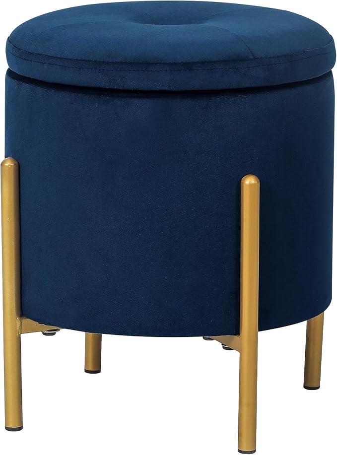 Adeco Upholstered Tufted Round Storage Ottomans, Navy Modern Velvet Footstool with Storage Space and Gold Metal Legs for Couch, Living Room, Bedroom, Entryway