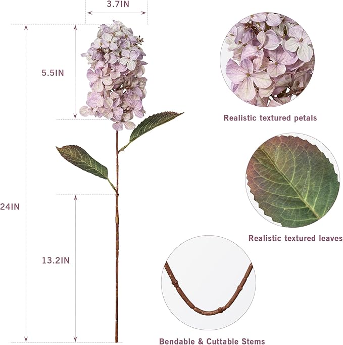 Fake Hydrangea Silk Flowers with Stems,Faux Hydrangea Artificial Flowers Purple for Home Wedding,Dried Hydrangea Artificial Flowers Bouquet Vase Decor 24"（Light Purple ） 8pcs No Vase