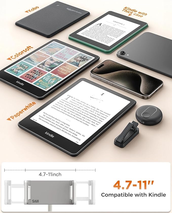 SAIJI Gooseneck Kindle Holder with Remote Page Turner, Tablet Holder for Bed, 100 cm Flexible Lazy Arm，Free Hands Kindle Accessories, Leather Tablet Stand for Reading in Bed, Gray