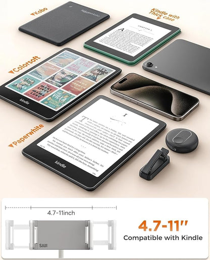 SAIJI Gooseneck Kindle Holder with Remote Page Turner, Tablet Holder for Bed, 100 cm Flexible Lazy Arm，Free Hands Kindle Accessories, Leather Tablet Stand for Reading in Bed, Gray