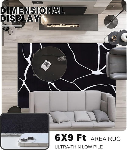 YIHOUSE Modern Washable Area Rug for Living Room Bedroom - Large Abstract Black and White Rug Non-Slip Ultra-Thin Home Decor (Dark Warping, 6'x9'ft)