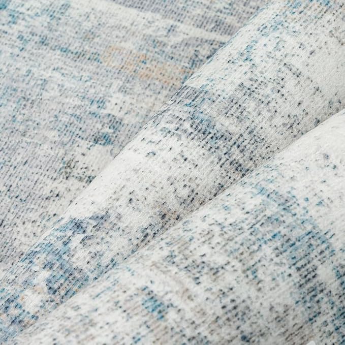 3x12 Washable Runner Rug Blue Cream Abstract Hallway Kitchen Throw Rug Neutral Modern Non Slip Soft Low Pile Lightweight Carpet for Bathroom Laundry Bedroom Living Room