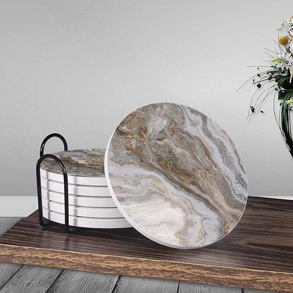 6Pcs Drink Coasters with Holder, Gray and Beige Marble Pattern Absorbent Ceramic Drink Coaster with Cork Base, Home Bar Table & Office Decor House Warming Gift