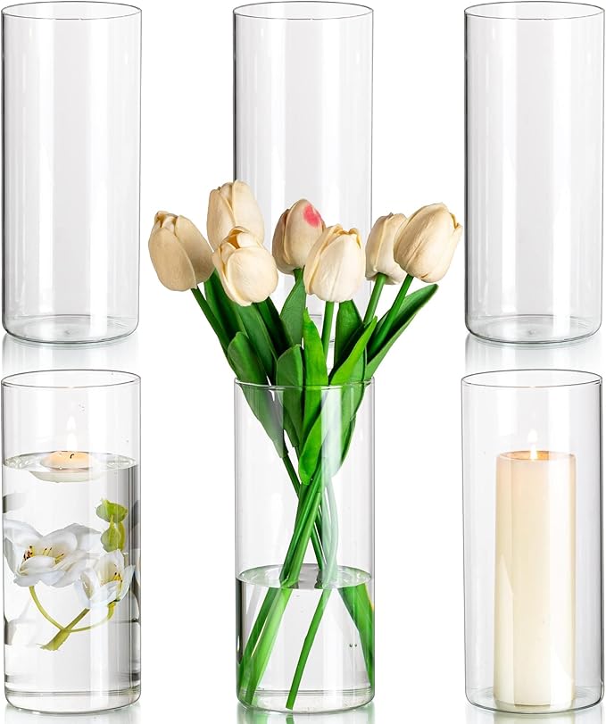 Glasseam Clear Cylinder Vase Set of 6, Modern Glass Vases for Centerpieces, Floating Candle Vases for Decor, Decorative Hurricane Candle Holders for Pillar Candles Wedding Table Decorations, 8in