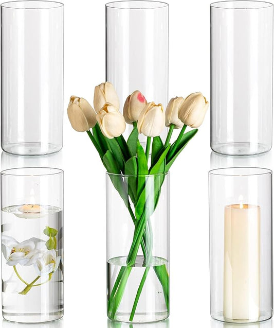 Glasseam Clear Cylinder Vase Set of 6, Modern Glass Vases for Centerpieces, Floating Candle Vases for Decor, Decorative Hurricane Candle Holders for Pillar Candles Wedding Table Decorations, 8in