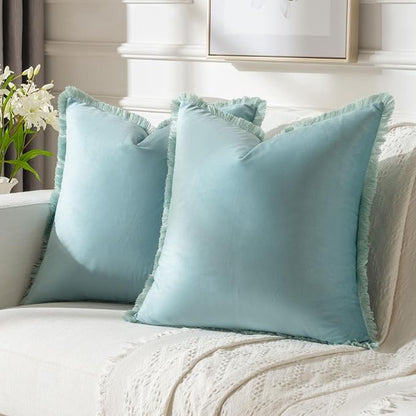 FUTEI Aqua Velvet Decorative Throw Pillow Covers 22x22 Set of 2,Soft Cozy Edge with Tassels Cushion Case,Boho Modern Home Decor for Couch Bed Living Room