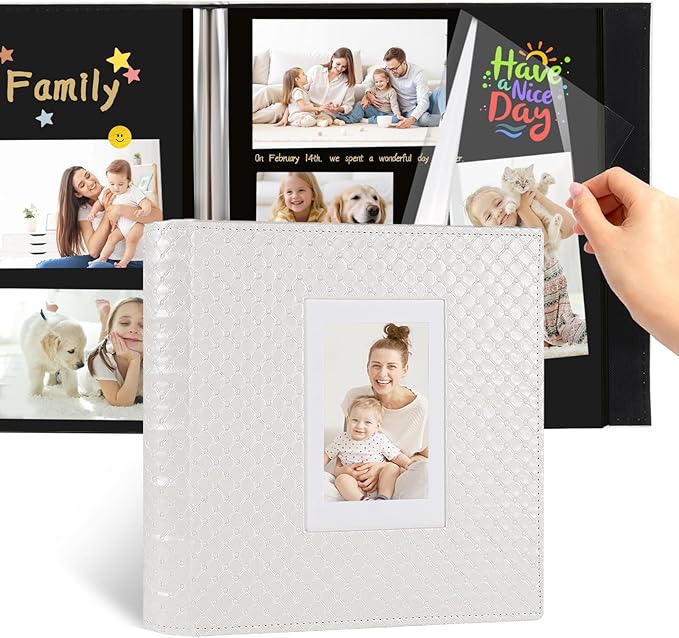 RECUTM Scrap Book Photo Albums 30 Pages for Multiple Photo Sizes 4x6 5x7 8x10 Handmade Self Adhesive Pages Button Grain Leather Scrapbook Baby Family Wedding Anniversary Photo Book (White)