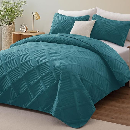 Exclusivo Mezcla Quilts Queen Size - Teal Quilt Set Bedspread with 2 Pillow Shams, Modern Bedding Set with Striped Pattern, Soft Lightweight Bedspreads Queen Size for All Seasons