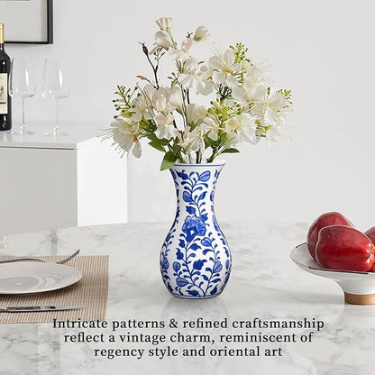 Small Blue and White Vase, 2-Pack 6 Inch Bud Ceramic Flower Vase, Retro Chinoiserie Vases for Fresh Dried Silk Flower Decor Side Table Living Room Bookshelf Antique Grand Millennial - Floral Glazed