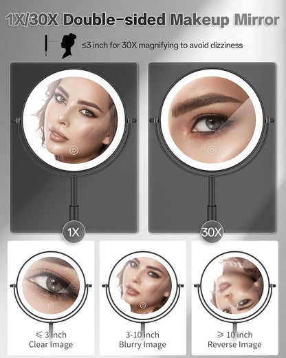 VFD 30X/1X Makeup Mirror with Lights, Height Adjustable Lighted Magnifying Vanity Mirror with 3 Lighting and Adjustable Brightness, 3000mAh Rechargeable Double Sided Switch for Desk Women Gift