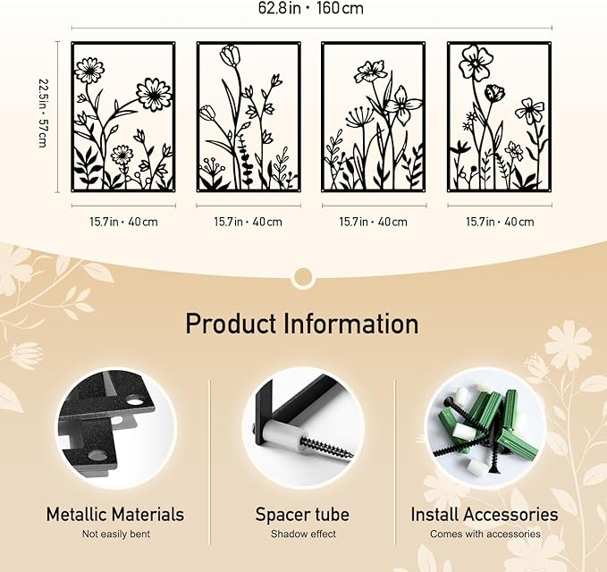 Sokurdeg Black Metal Flowers Wall Decor, Minimalist Floral Metal Wall Hanging Art, Black Abstract Rustic Flower Line Wall Sculptures for Bedroom Bathroom Living Room (4 Pcs, 15.7 x 22.5 in)