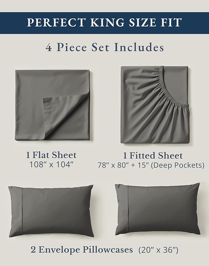 LANE LINEN 100% Organic Cotton Sheets King Size Machine Washable Fully Elasticized Soft & Comfy Mercerized Sustainably Produced All Season Eco Friendly Cotton Sheets sábanas King- Charcoal