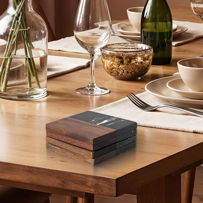 Marble Coasters: 4-Piece Set of Acacia Wood Marble Coasters, Suitable for Kitchens, Offices, and can be Used as Gifts (Black Square)
