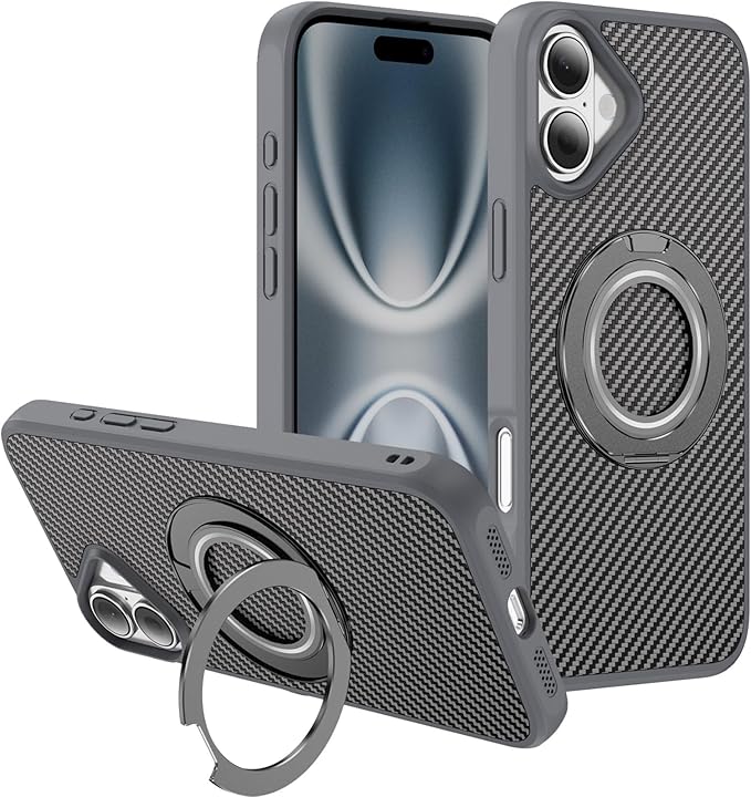 Mag-Stand Carbon Fiber Case for iPhone 17, 360° Rotate Magnetic Stand, Compatible with MagSafe, 15FT Military Protection, Slim Shockproof Magnetic Kickstand Mag Phone Case for Men Women Gray