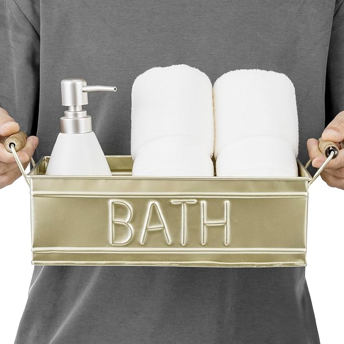 MyGift Vintage Bronze Metal Rectangular Storage Basket with Wooden Handles, Bathroom Toiletries Holder, Organizer Bin with Embossed Bath Label - Handcrafted in India (Brass)