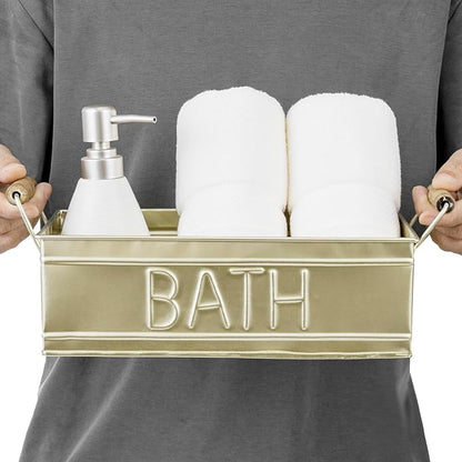 MyGift Vintage Bronze Metal Rectangular Storage Basket with Wooden Handles, Bathroom Toiletries Holder, Organizer Bin with Embossed Bath Label - Handcrafted in India (Brass)