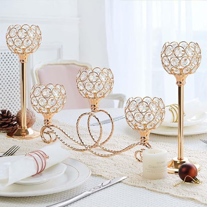 Gold 5 Arm Metal Crystal Tea Light Candle Holder, Elegant Wedding Table Centerpiece, Christmas Wishing Bowl Candle Holder