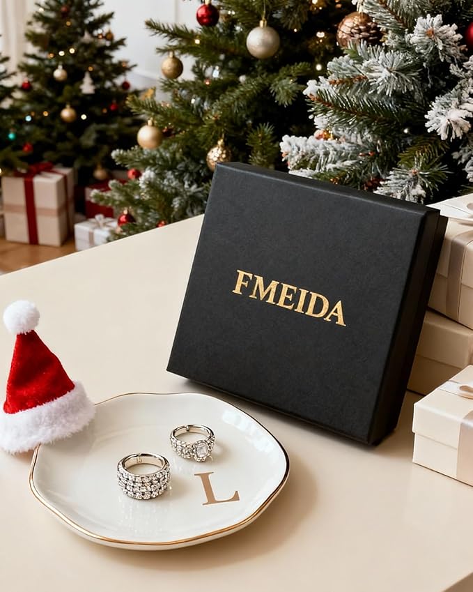 Fmeida Jewelry Tray Ring Dish for Women, Initials Ceramic Jewelry Dish, Personalized Aesthetic Decorative Birthday Valentines Mother's Day Christmas Gifts, 4.5", Rose Gold L