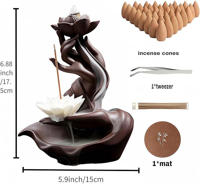 Lotus Backflow Incense Burner– Ceramic Cones Incense Holder with 60 Incense Cones + 30 Sticks + 1 Mat+1 Tweezers | Waterfall Incense Burner & Waterfall Fountain |