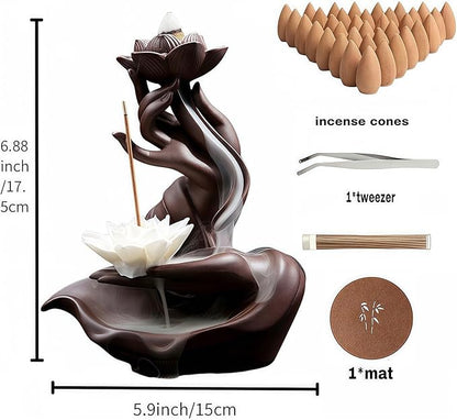 Lotus Backflow Incense Burner– Ceramic Cones Incense Holder with 60 Incense Cones + 30 Sticks + 1 Mat+1 Tweezers | Waterfall Incense Burner & Waterfall Fountain |